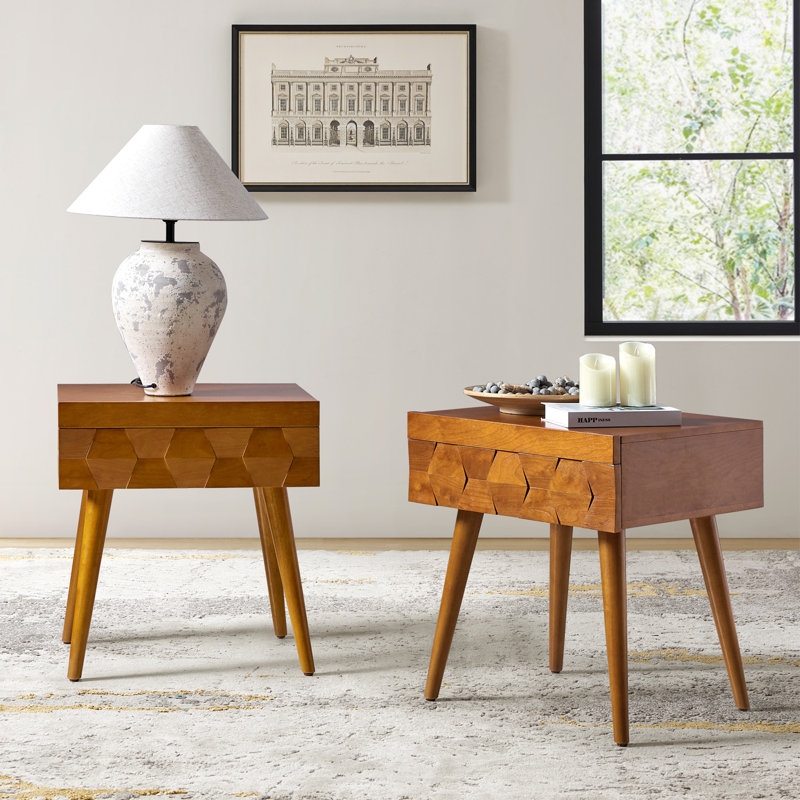 Nightstand with Pull-Out Tray Shelf and Gold Hardware Details