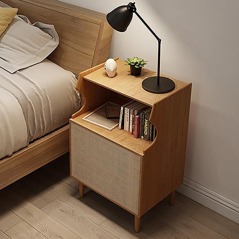 Nightstand with Rattan Woven Door Black Metal Legs Boho Chic Bedside