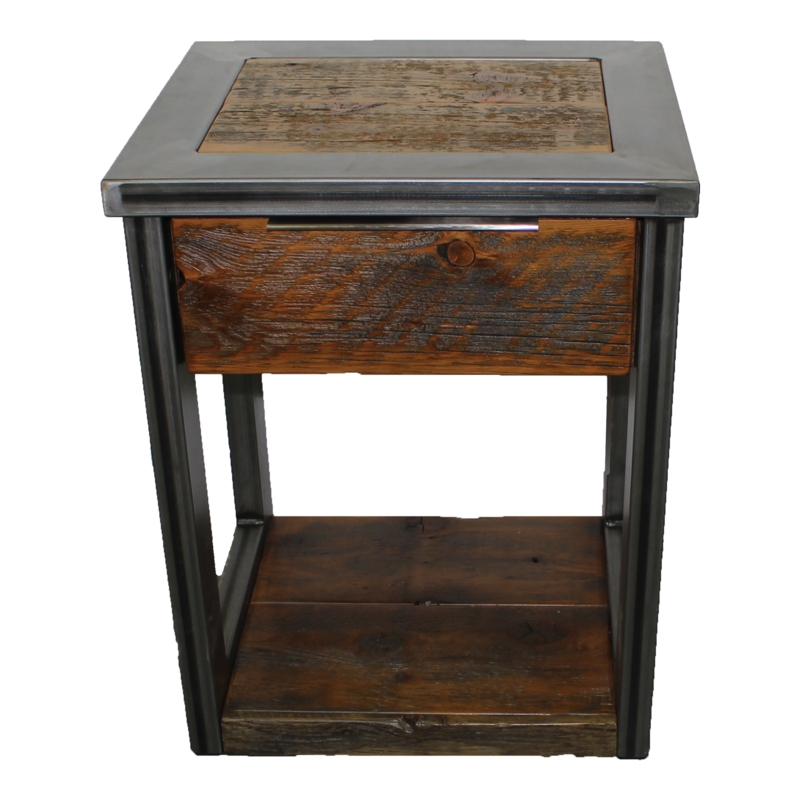 Nightstand with Reclaimed Wood Look, Notched Pulls and Metal Legs