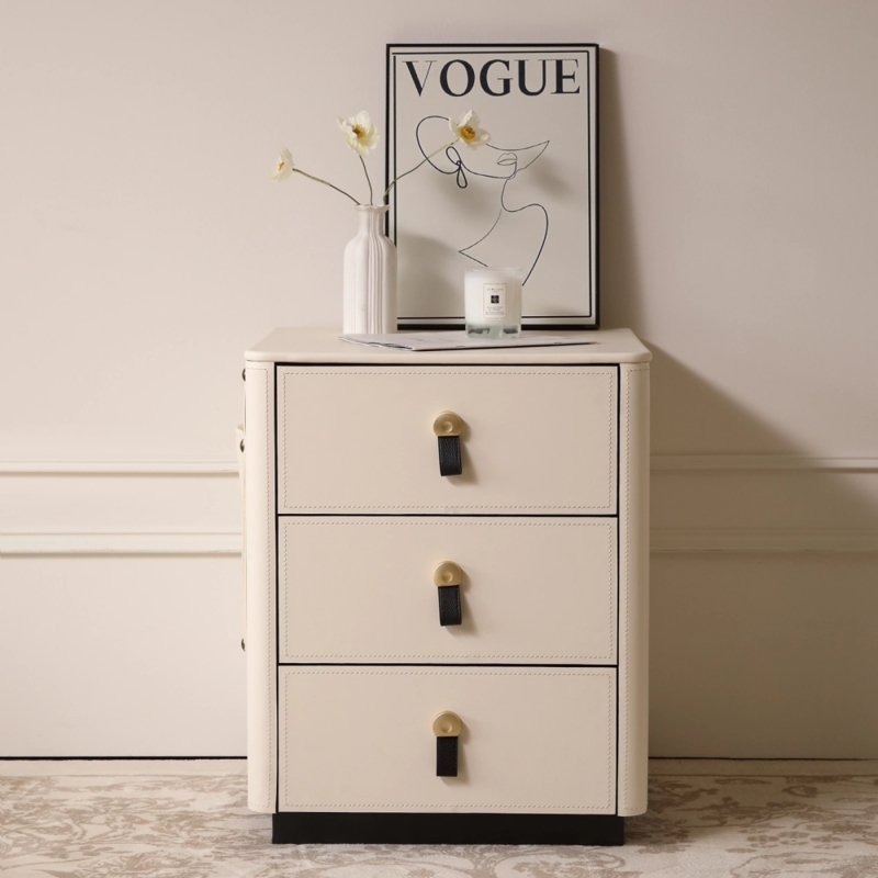 Nightstand with Side Storage Pocket, Cream Faux Leather 3-Drawer