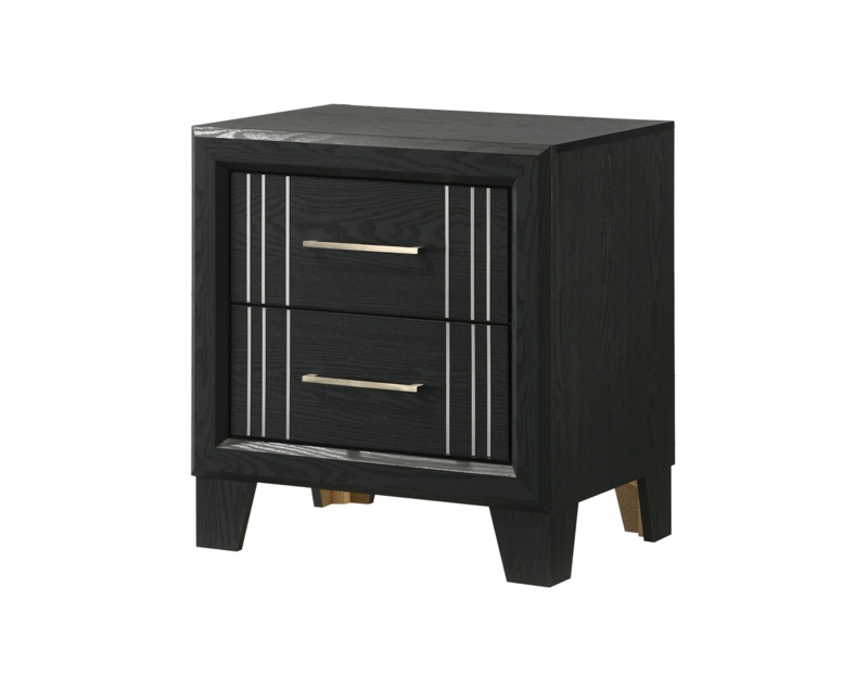 Nightstand with Silver Bar Pulls, Modern Dark Wood Tone