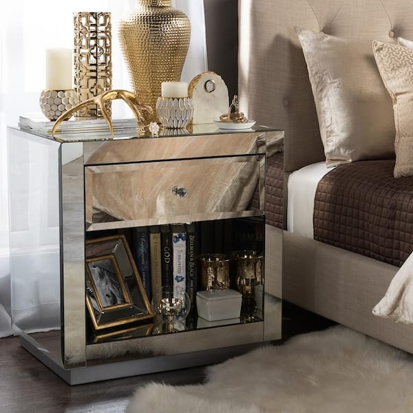 Nightstand with Silver Metallic Finish, Turned Legs, and Crystal Knob
