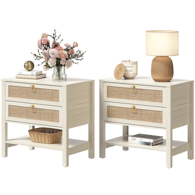 Nightstand with Splayed Metal Legs Open Top Shelf Rattan Drawers