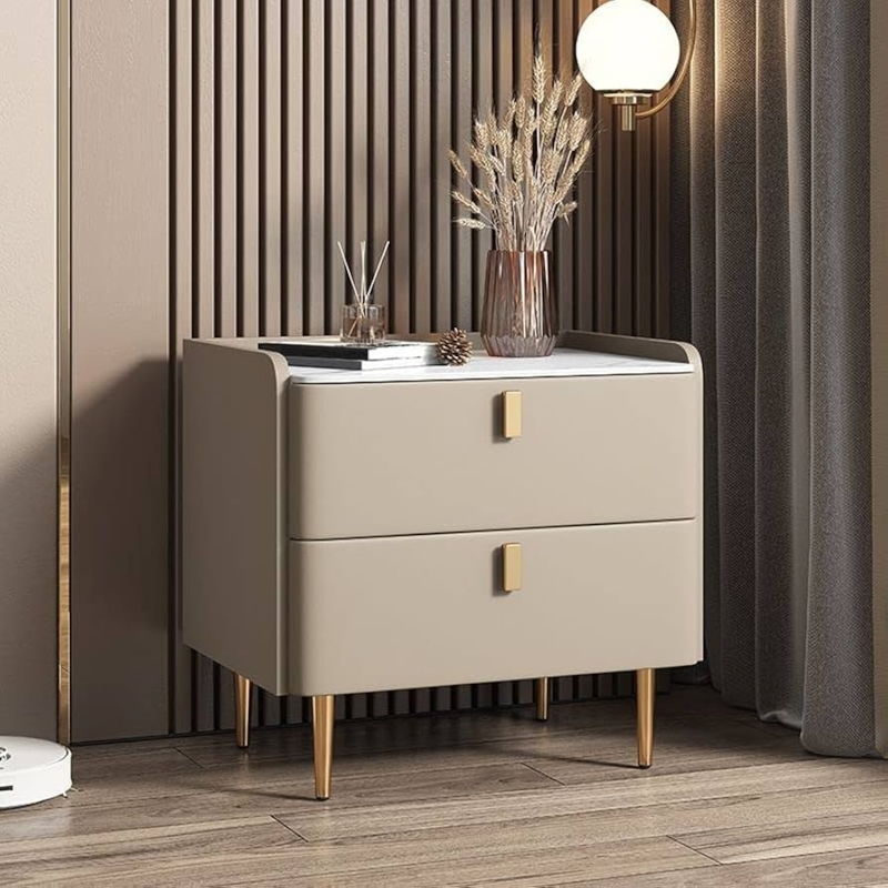 Nightstand with Stone Top, Dark Wood, and Champagne Gold Frame
