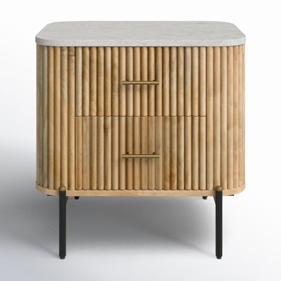 Nightstand with Stone Top, Gold Metal Base, Two Wood Drawers