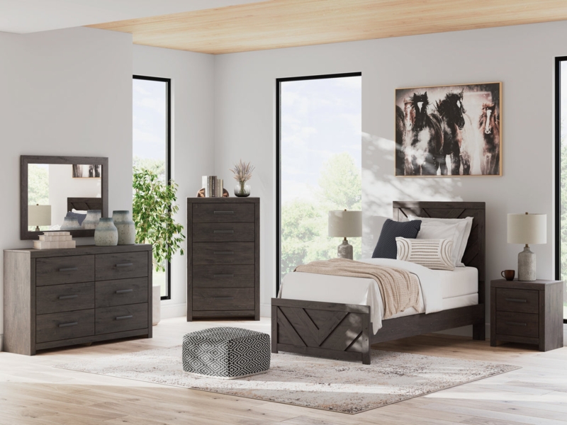 Nightstand with Textured Grain, Modern Charcoal Bedroom