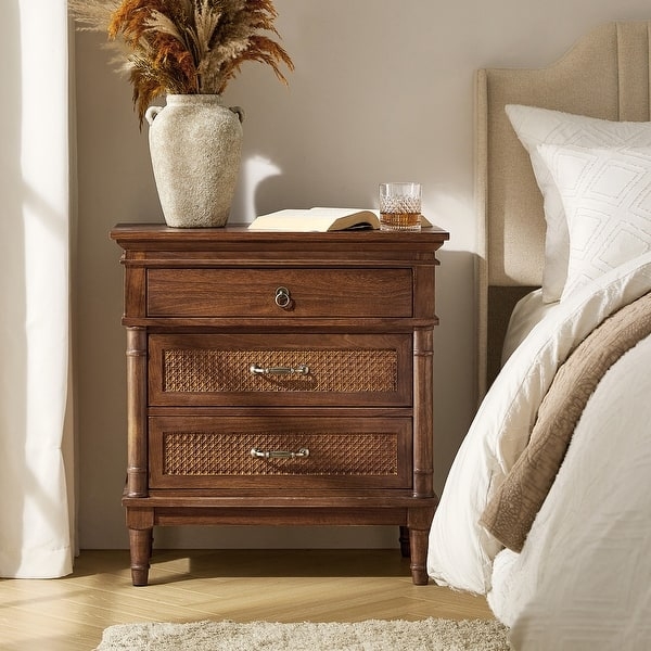 Nightstand with Woven Rattan Drawers and Integrated Power Outlet