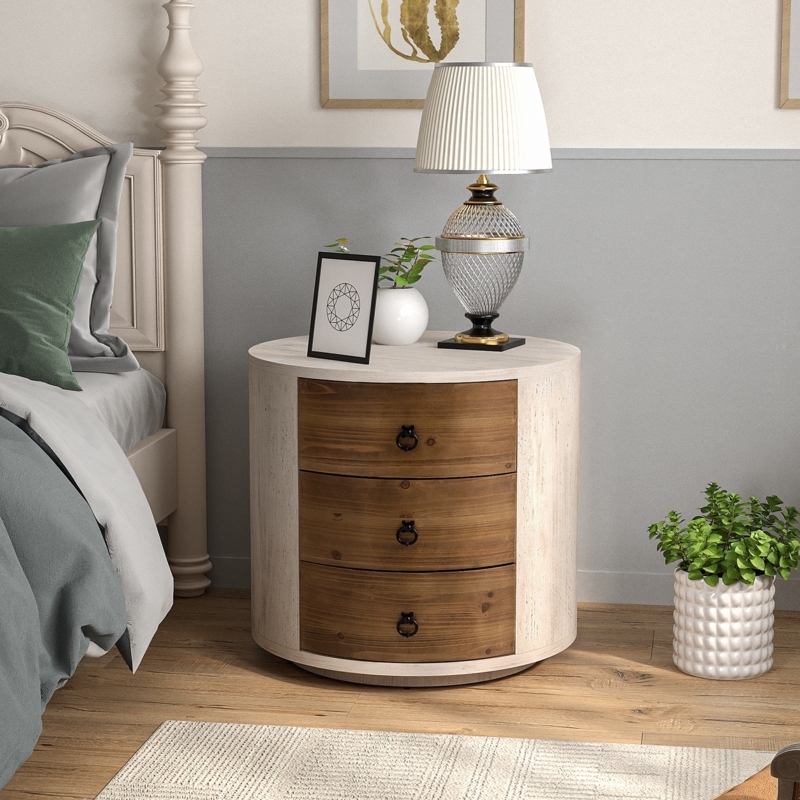Nightstand Wood Tone Cylindrical Fluted Texture Bedside Chest
