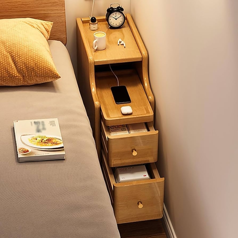 Nightstand Wood Toned Narrow Width Single Drawer Open Shelf Slim Design