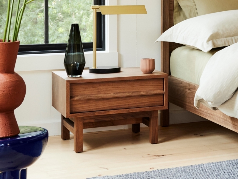 Nightstand Wood Toned with Recessed Pull Handle and Open Shelf