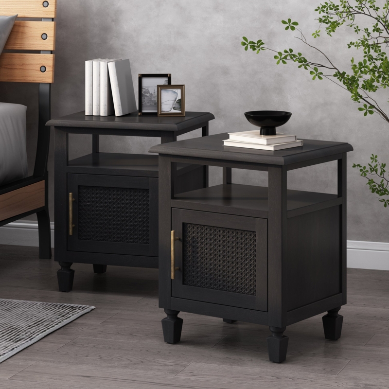 Nightstand Woven Cane Panels Single Drawer Open Shelf Rustic Modern