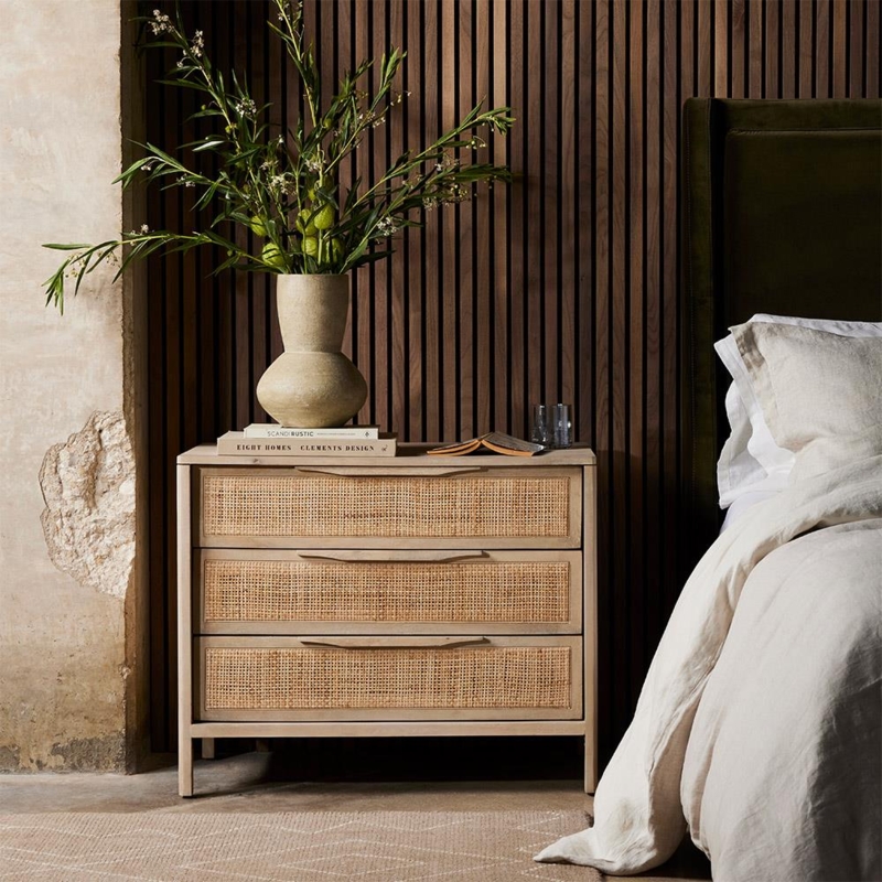 Nightstand Woven Cane Panels Wide Profile Natural Wood Bedside Table