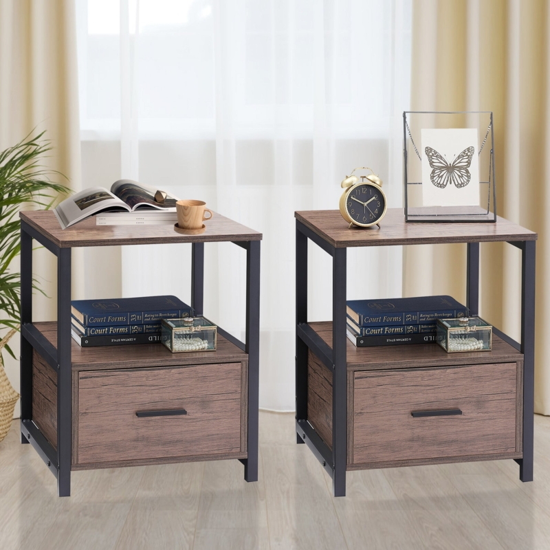 Nightstand X-Frame Sides Rustic Brown Metal Industrial Drawer Shelf