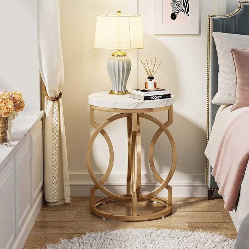 O-Shaped Base End Table with White Marble Top and Polished Gold Finish