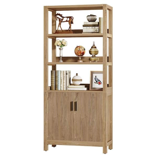Oak Brown Horizontal Bookcase Four Compartment Layout Low Profile