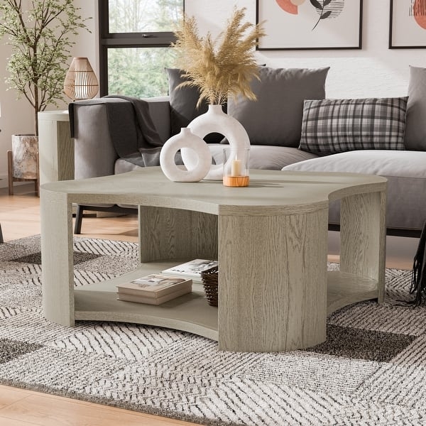 Oak Coffee Table with Wheels, Modern Industrial Wood Grain & Open Shelf