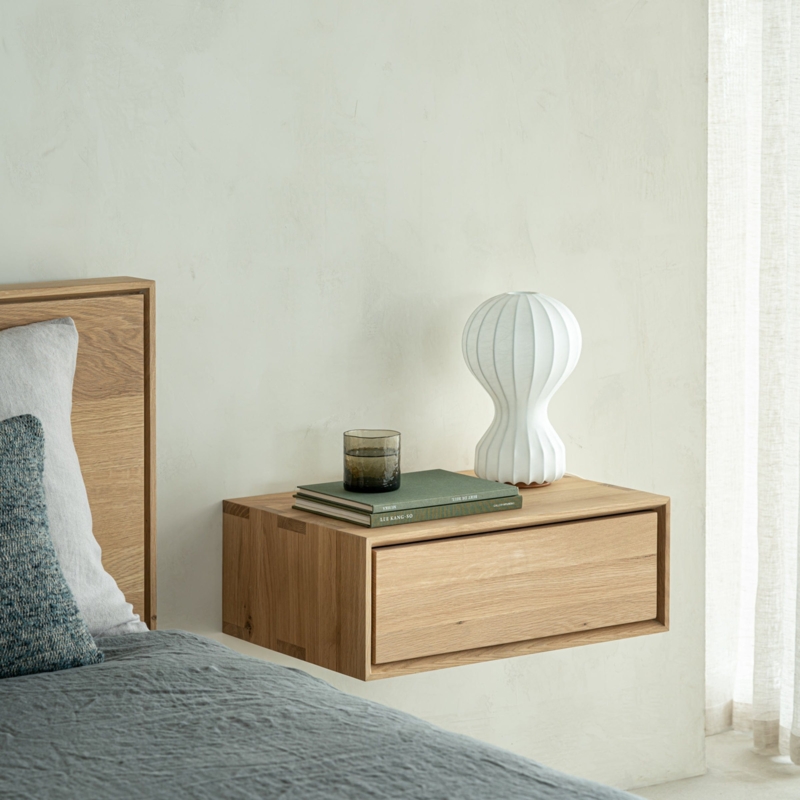 Oak Floating Nightstand Design Handle-Less Drawer Bedside Table