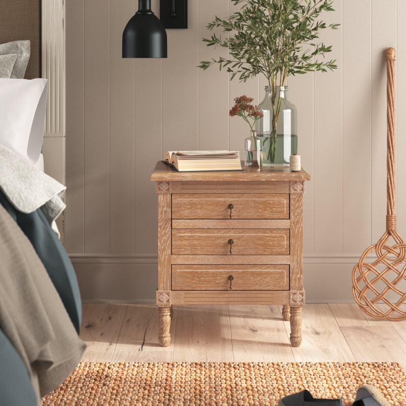 Oak Nightstand with Cup Pulls, 3-Drawer Modern Farmhouse Bedside Table