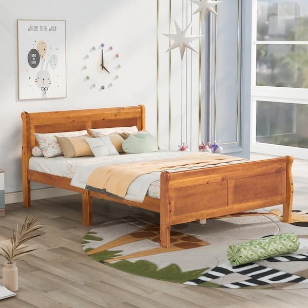 Oak Wood Platform Bed with Slatted Headboard