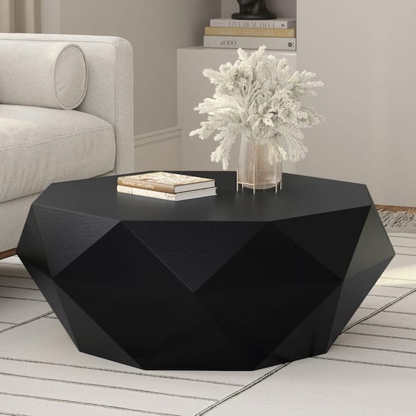 Octagonal Coffee Table Black Wood Grain, Geometric Drum Base Design