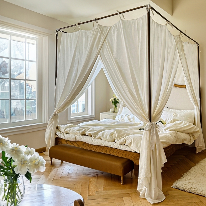 Off-White Cotton Bed Canopy Drapes with Tied Corner Panels