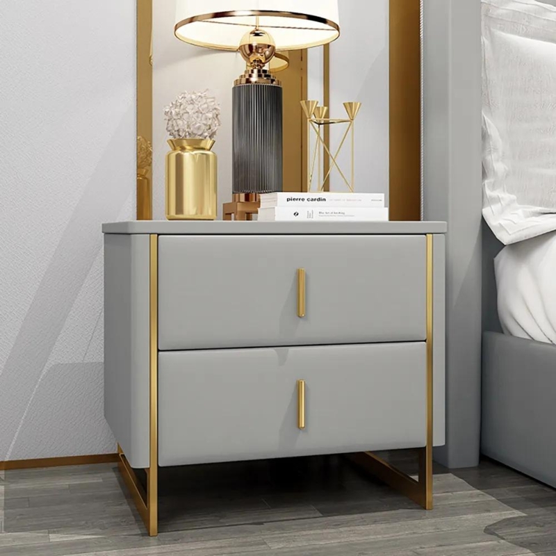 Off-White Leather-Like Nightstand with Stone-Look Top and Metal Base