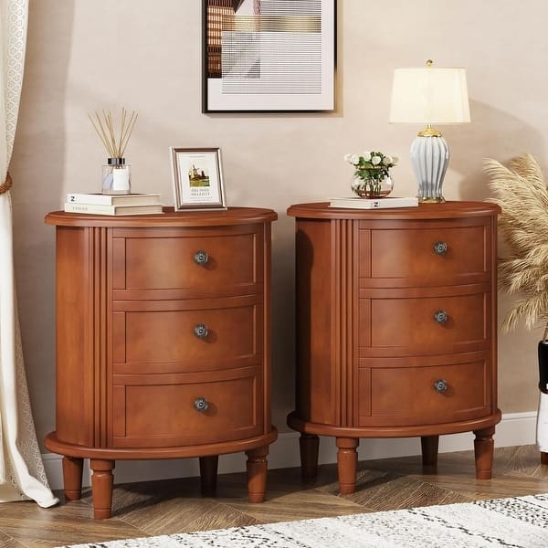 Off-White Nightstand with Wood-Toned Top and Three Drawers