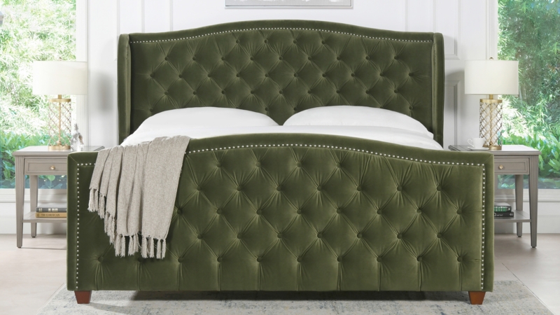 Olive Green Upholstered Bed Shelter Headboard Channel Tufting