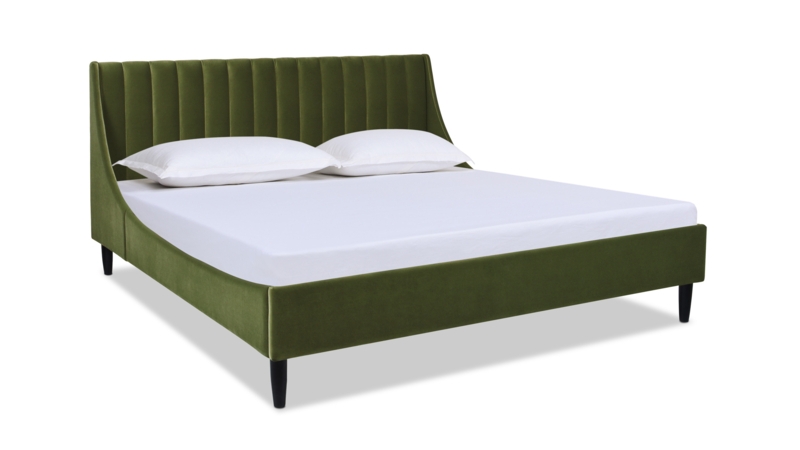 Olive Green Velvet Upholstered Bed with Tall Vertical Tufting