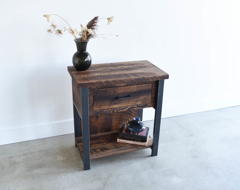 Open-Frame Industrial Nightstand with Thick Wood Shelves