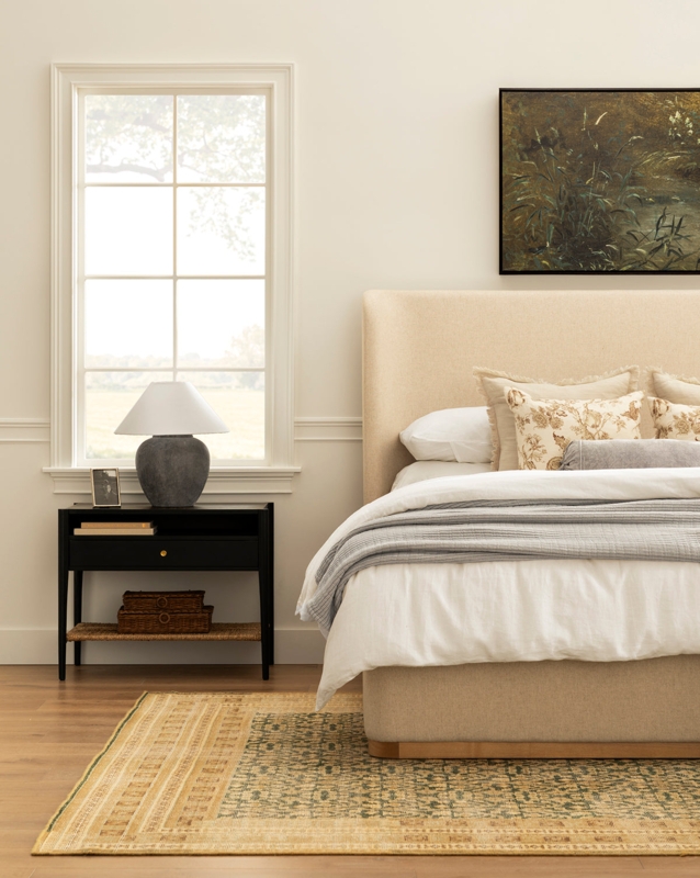 Organic Modern Nightstand: Three Drawer Storage, Oak Brown, Round Pulls