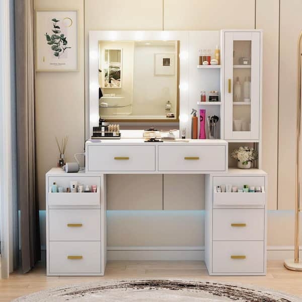 Organized Beauty Station Vanity with Power and Hair Tool Rack