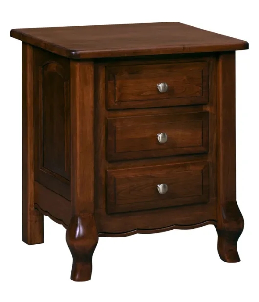 Ornate Carved Wood Nightstand with Satin Finish and 3 Drawers