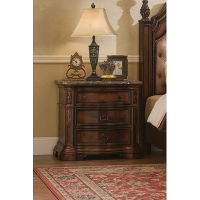 Ornate Dark Wood Nightstand, Scrollwork Carvings, Three Drawers