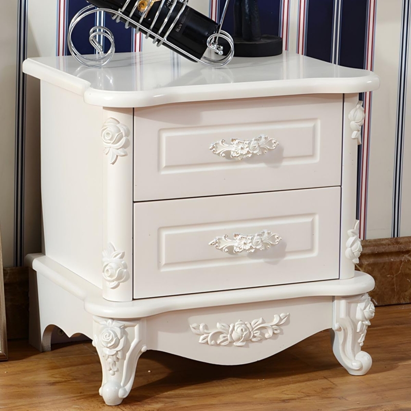 Ornate White and Silver Nightstand with Rattan Drawer Fronts