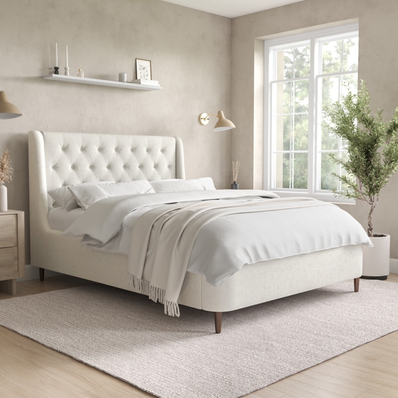 Ottoman Bed Storage Cream Channel Tufted Tapered Legs Modern
