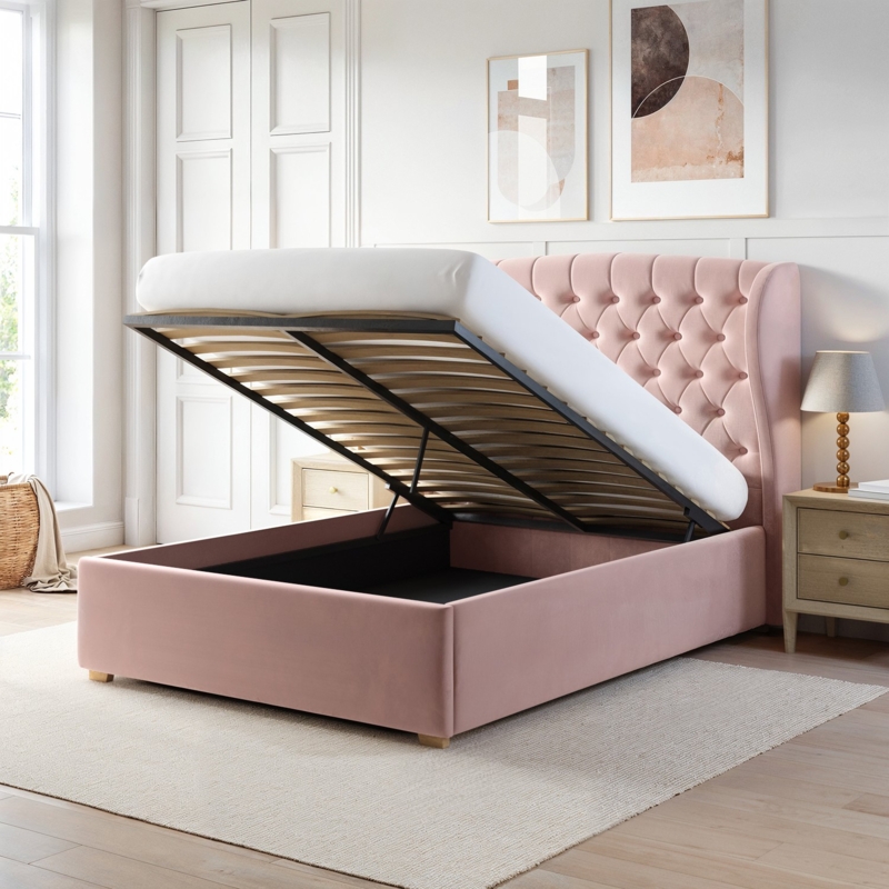 Ottoman Bed with Storage Base, Pink Velvet Winged Chesterfield Headboard