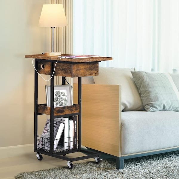 Oumilen Side Table Small 11.8" Wood End Table Sofa Table with Storage  Basket Rolling Casters C Shaped Table Tray, Rustic Brown LT-K91
