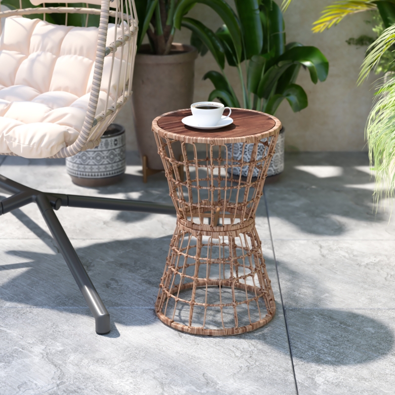 Outdoor Accent Table Round Slatted Wood Top Woven Rope Pedestal Base