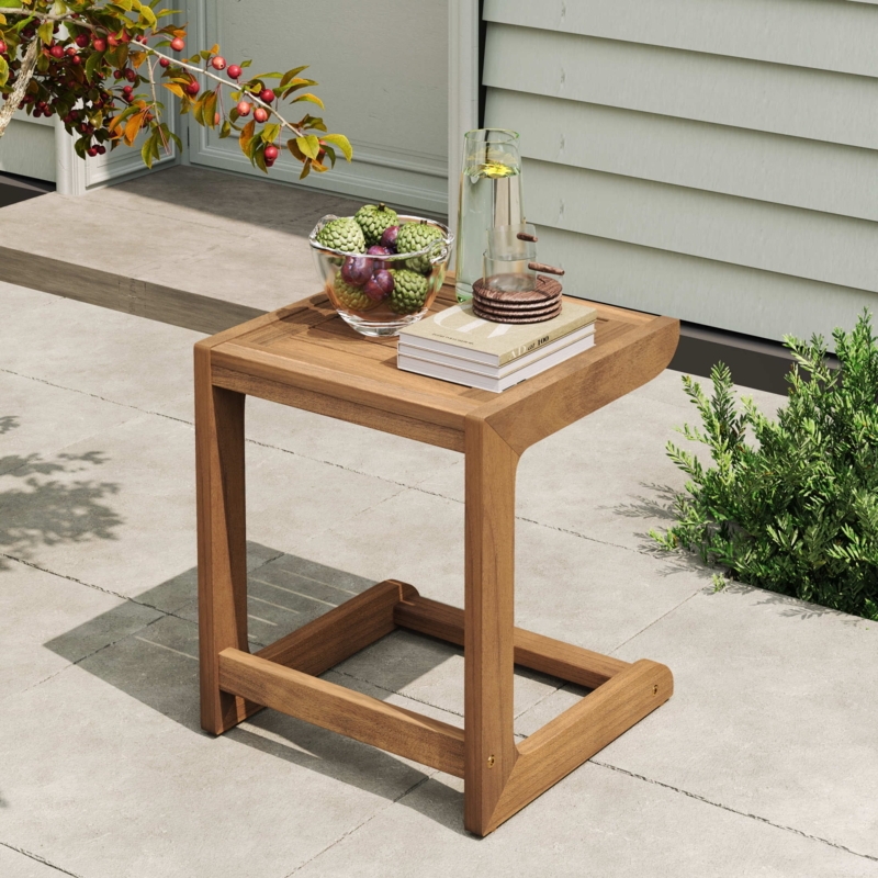 Outdoor C-Shaped Side Table Slatted Wood Patio Snack Table