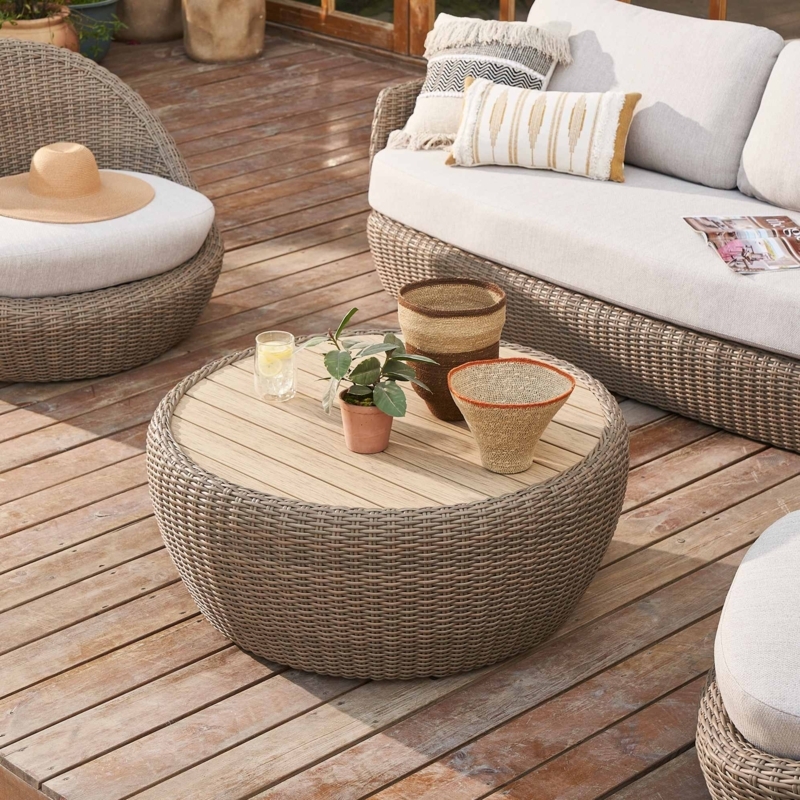 Outdoor Coffee Table Round Drum Slatted Wood Top Woven Base