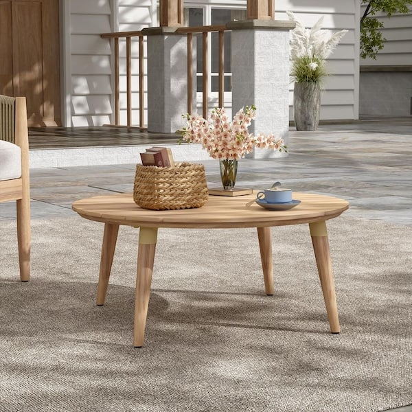 Outdoor Coffee Table Round Slatted Top Tapered Legs Light Wood