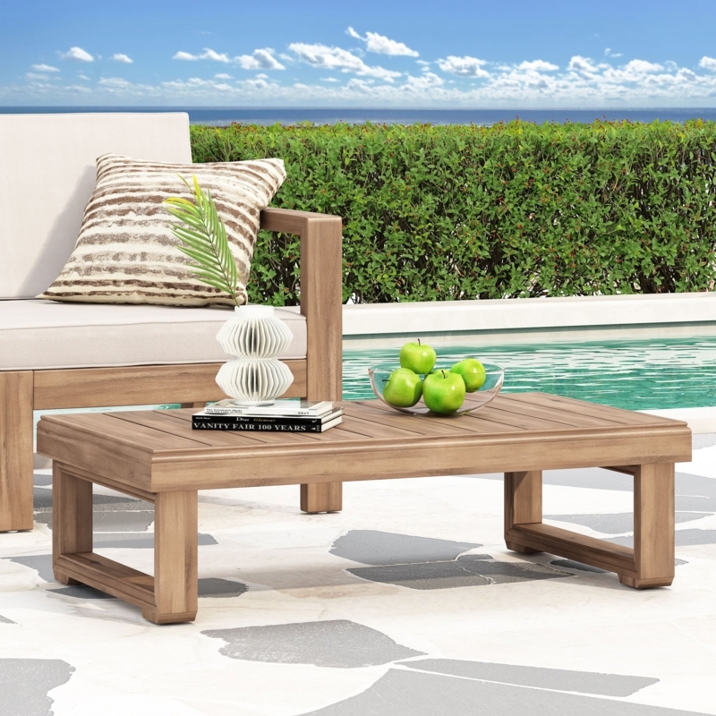 Outdoor Coffee Table Slatted Top Block Legs Brown Wash