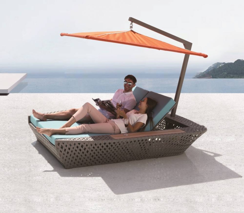 Outdoor Daybed Circular Form Integrated Canopy Teal Rattan Arched
