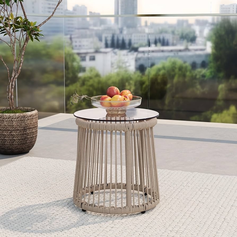 Outdoor End Table with Hourglass Woven Rope Base and Glass Top