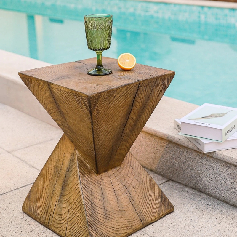 Outdoor Faux Wood Stump Accent Table with Inverted Triangle Shape