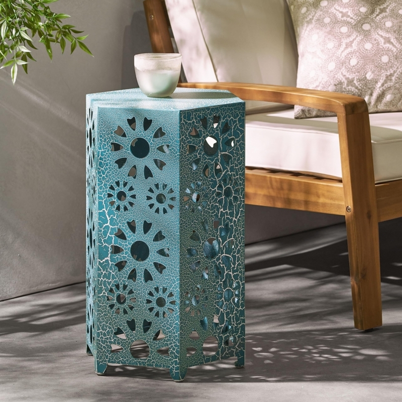 Outdoor Metal Accent Table with Hexagonal Sunburst Cutouts
