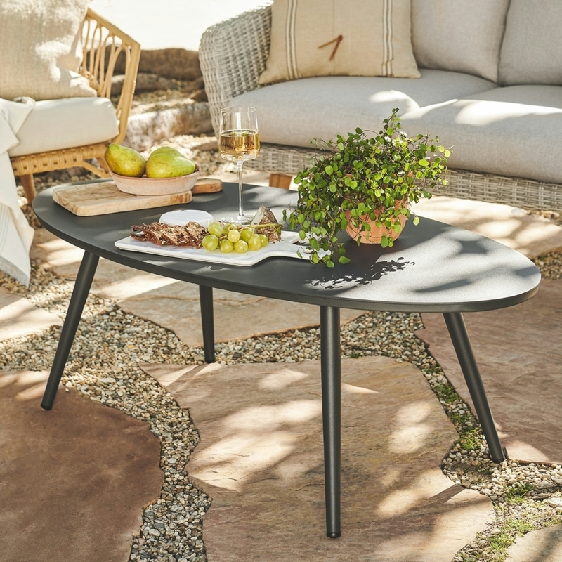 Outdoor Oval Coffee Table Dark Charcoal Metal Slatted Top Pedestal