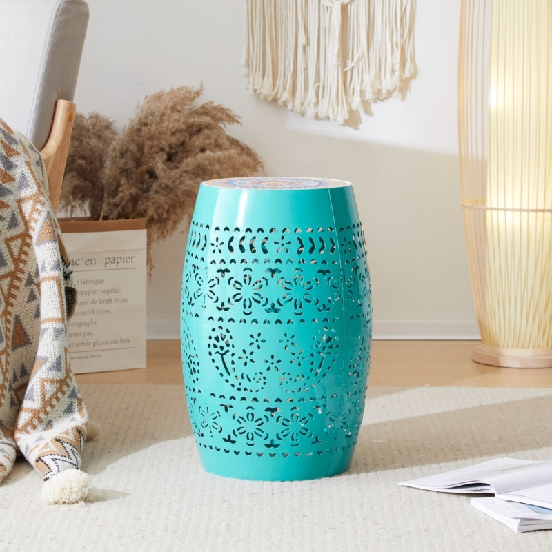 Outdoor Patio Side Table with Teal Sunburst Mosaic Tile Top