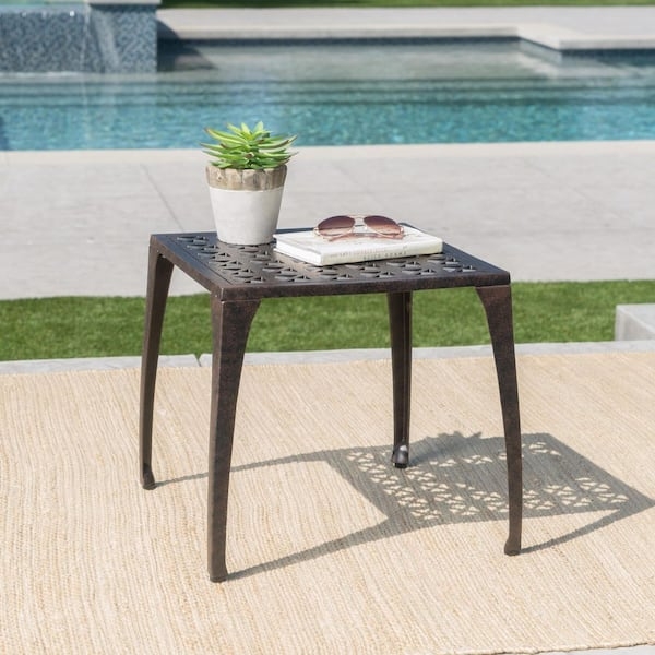 Outdoor Side Table Antique Bronze Lattice Top Square Metal